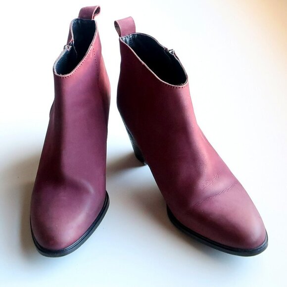 Jigsaw Maroon Nubuck Leather Block Heel Almond Toe Ankle Boots Booties Size 10.5 - Picture 4 of 16